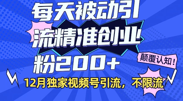 12月独家视频号引流每天被动引流精准创业粉200+不限流网创项目-副业赚钱-互联网创业-资源整合冒泡网