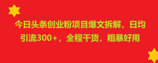 今日头条创业粉项目爆文拆解，日均引流300+，全程干货，粗暴好用网创项目-副业赚钱-互联网创业-资源整合冒泡网