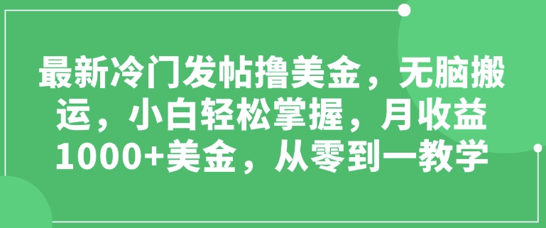 最新冷门发帖撸美金，无脑搬运，小白轻松掌握，月收益1000+美金，从零到一教学网创项目-副业赚钱-互联网创业-资源整合冒泡网