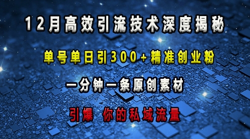 最新高效引流技术深度揭秘 ，单号单日引300+精准创业粉，一分钟一条原创素材，引爆你的私域流量网创项目-副业赚钱-互联网创业-资源整合冒泡网