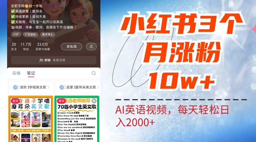 小红书三个月涨粉10W，AI英语视频0成本制作，每天轻松日入2000+网创项目-副业赚钱-互联网创业-资源整合冒泡网