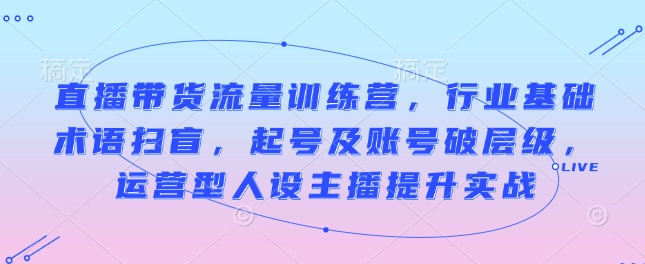 直播带货流量训练营，行业基础术语扫盲，起号及账号破层级，运营型人设主播提升实战网创项目-副业赚钱-互联网创业-资源整合冒泡网