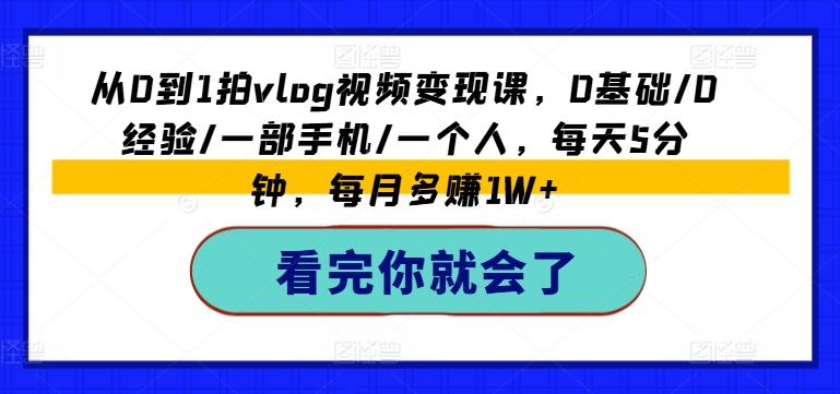 从0到1拍vlog视频变现课，0基础/0经验/一部手机/一个人，每天5分钟，每月多赚1W+网创项目-副业赚钱-互联网创业-资源整合冒泡网