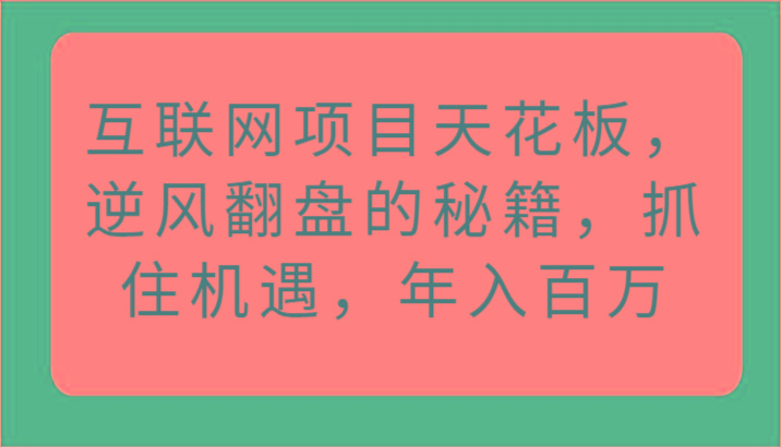 互联网项目天花板，逆风翻盘的秘籍，抓住机遇，年入百万网创项目-副业赚钱-互联网创业-资源整合冒泡网