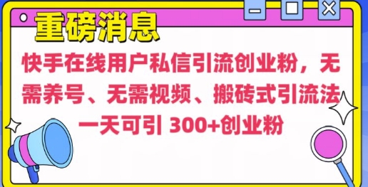 快手最新引流创业粉方法，无需养号、无需视频、搬砖式引流法【揭秘】网创项目-副业赚钱-互联网创业-资源整合冒泡网