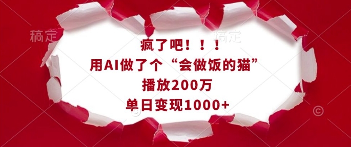 疯了吧！用AI做了个“会做饭的猫”，播放200万，单日变现1k网创项目-副业赚钱-互联网创业-资源整合冒泡网