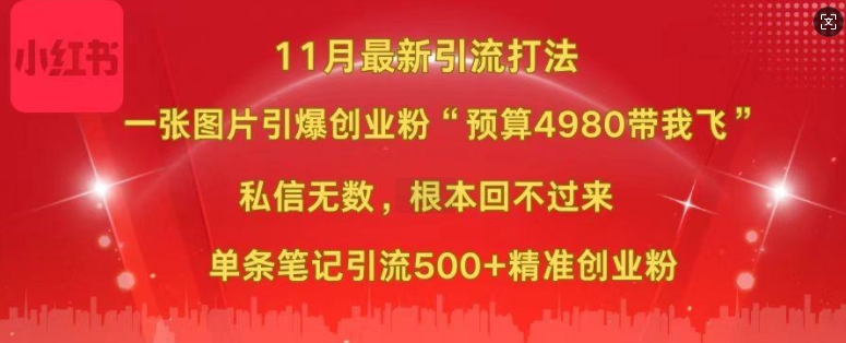 小红书11月最新图片打粉，一张图片引爆创业粉，“预算4980带我飞”，单条引流500+精准创业粉网创项目-副业赚钱-互联网创业-资源整合冒泡网